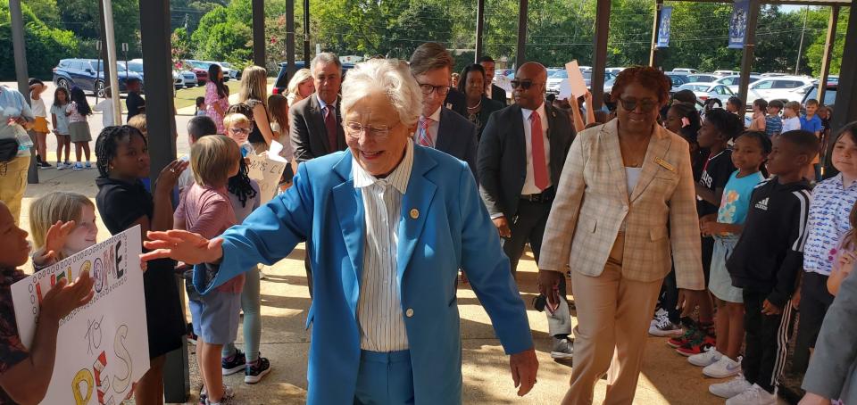 Gov. Kay Ivey is welcomed by students of Prattville Elementary School.