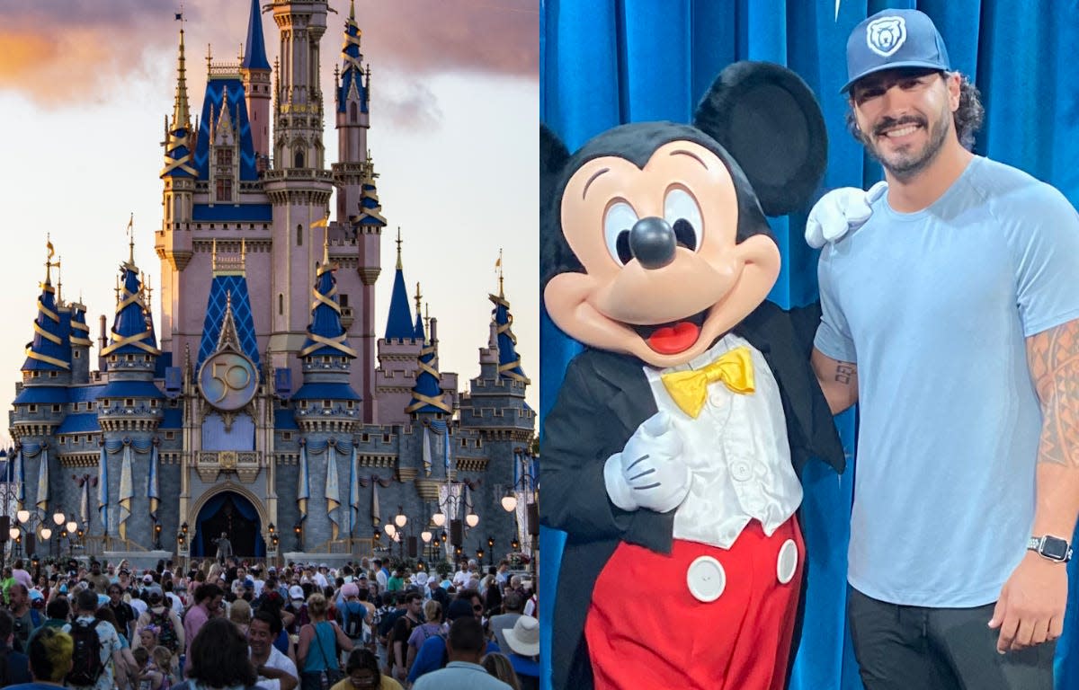Left: A view of Walt Disney World. Right: Nicholas Deniz posed with Mickey Mouse.