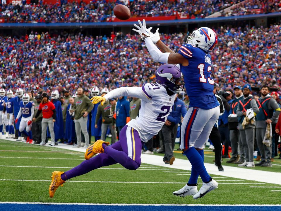 Gabe Davis reels in a touchdown against the Minnesota Vikings.