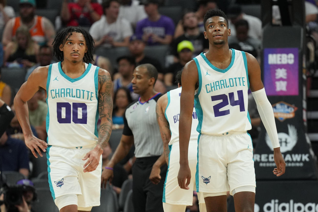 Charlotte Hornets guard Nick Smith Jr. and forward Brandon Miller during a Summer League game in Sacramento before the annual event in Las Vegas. (Darren Yamashita/USA TODAY Sports)