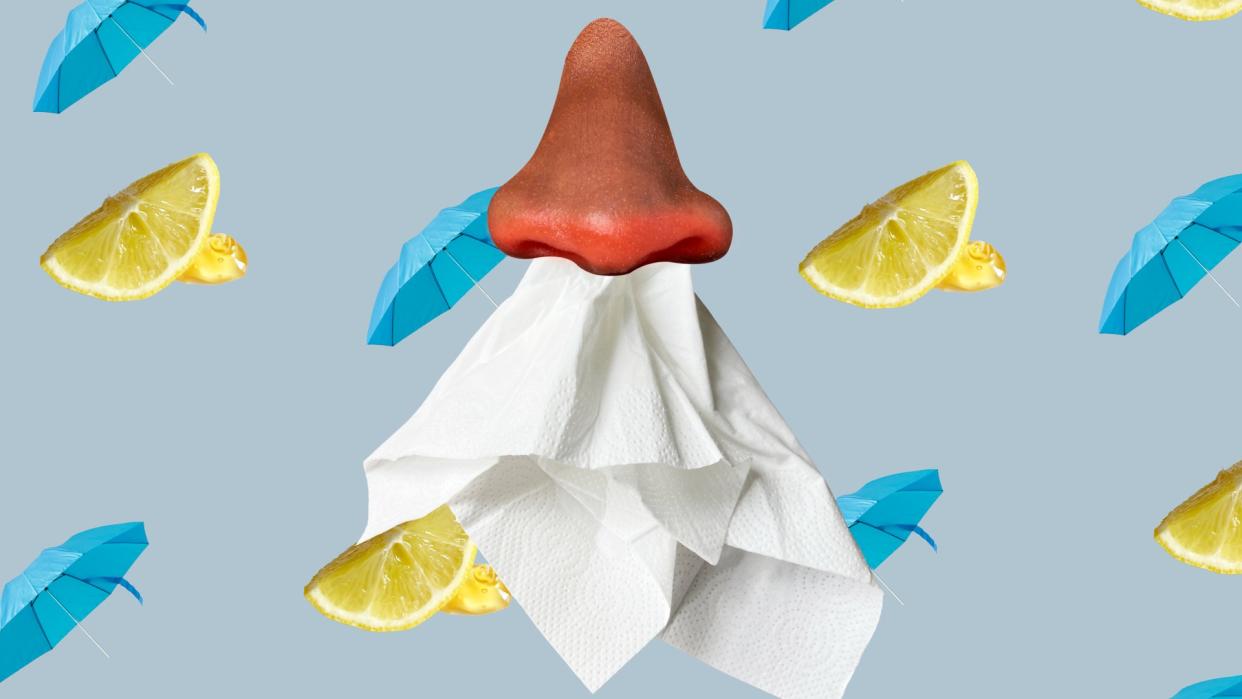  Collage of runny nose with tissue. 