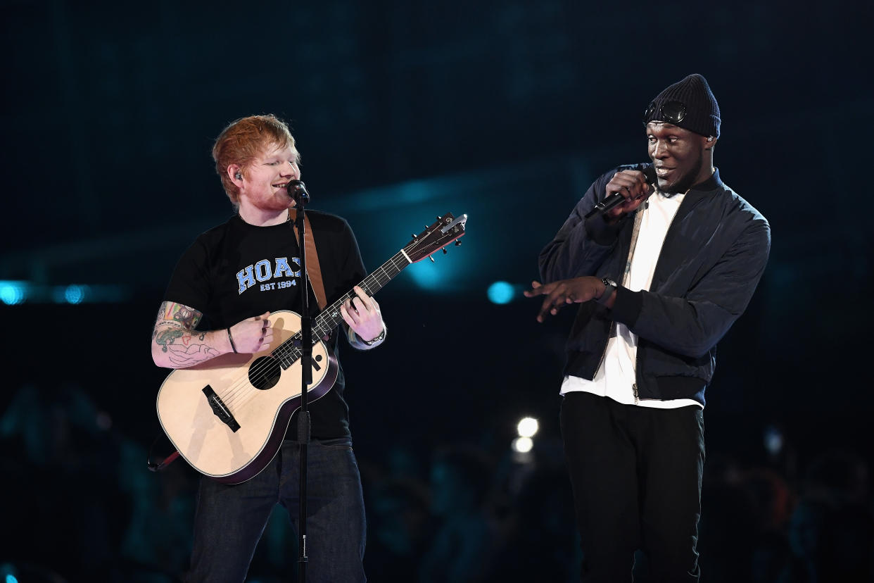 LONDON, ENGLAND - FEBRUARY 22:  (EDITORIAL USE ONLY)  Ed Sheeran and Stormzy perform on stage at The BRIT Awards 2017 at The O2 Arena on February 22, 2017 in London, England.  (Photo by Gareth Cattermole/Getty Images)