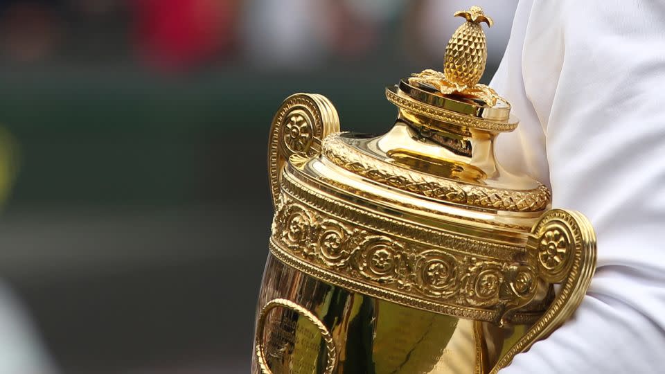 Spanish tennis player Rafael Nadal holds the Wimbledon trophy, with its distinctive pineapple, after winning the men's singles grand final on July 4, 2010. - Glyn Kirk/AFP/Getty Images