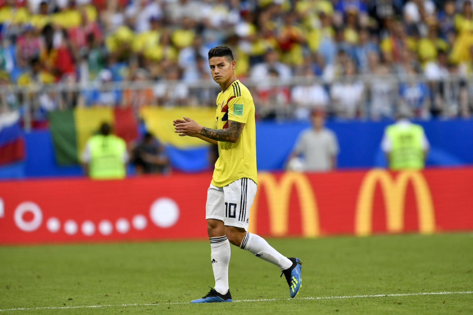 Colombia’s James Rodriguez trudges off during the last group game with Senegal