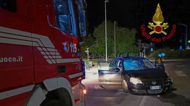PHOTO: This photograph released by Italy's fire and rescue service on Aug. 22, 2022, shows the car driven by a U.S. service member that allegedly hit and killed a 15-year-old boy in the town of Porcia, northern Italy, early on Aug. 21, 2022. (Vigili del Fuoco via AP)