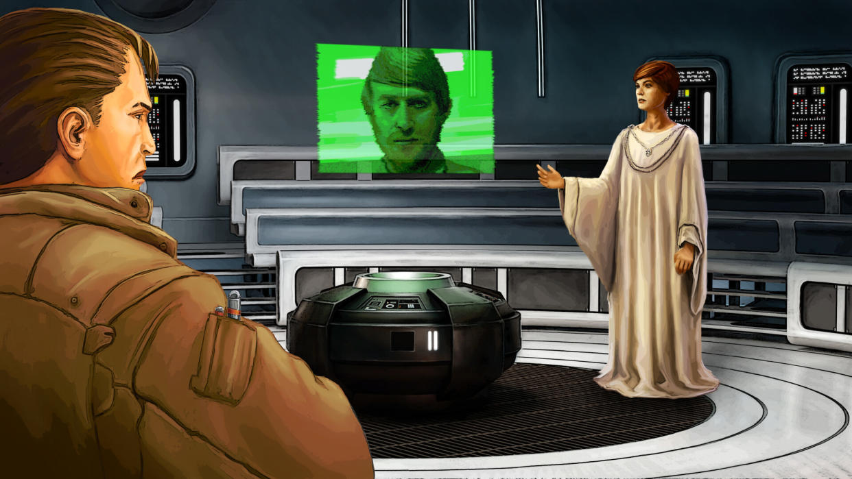  Star Wars: Dark Forces Remaster screenshot - Mon Mothma and Kyle Katarn talking to some guy on a video screen. 