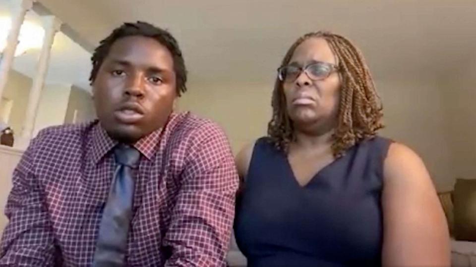 PHOTO: Jadarrius Rose and his mother, Carla Jones, speak on July 27, 2023, of Rose being attacked by an Ohio K-9 dog on July 4, 2023, after attempting to surrender to police with his hands up following a highway chase. (ABC News)