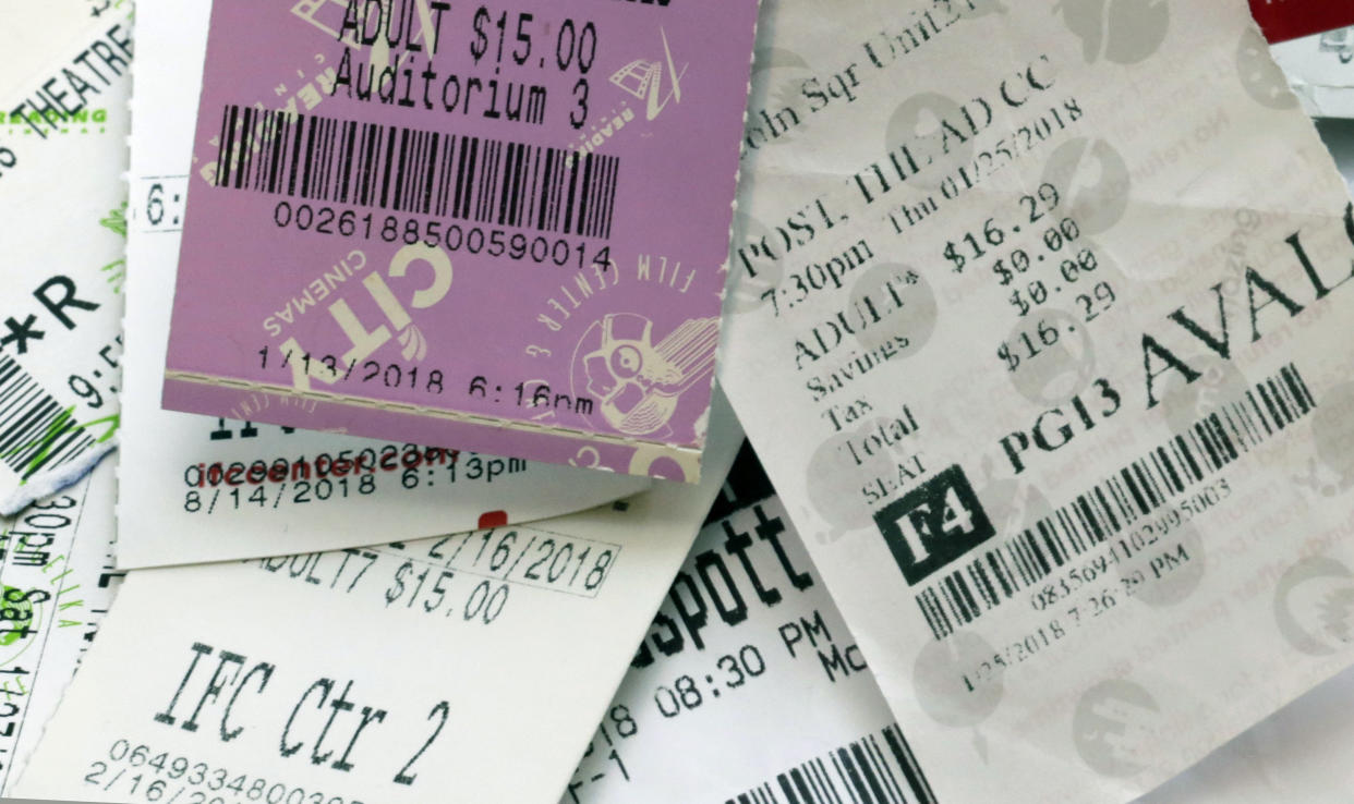 FILE- This Aug. 23, 2018, file photo shows movie ticket stubs in New York. A Turkish startup is offering a movie a day in theaters for $30 a month. It’s three times what MoviePass had charged for a similar plan. But that was financially unsustainable, as it typically had to pay theaters the full ticket price. MoviePass now offers just three movies for $10 a month and limits which titles can be watched on any given day. (AP Photo/Richard Drew, File)