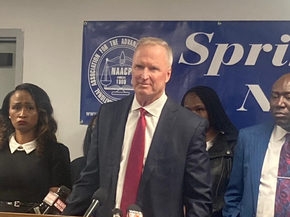 Robert Hilliard, an attorney from Corpus Christi, Texas, ponders a question during a press conference at the Springfield NAACP Thursday. Hilliard joined civil rights attorney Ben Crump in filing a wrongful death lawsuit on behalf of the family of Earl Moore Jr., who died Dec. 18. The lawsuit cites two LifeStar workers, Peggy Finley and Peter Cadigan, as well as the ambulance service. In Sangamon County court, Finley and Cadigan have been charged with first-degree murder.