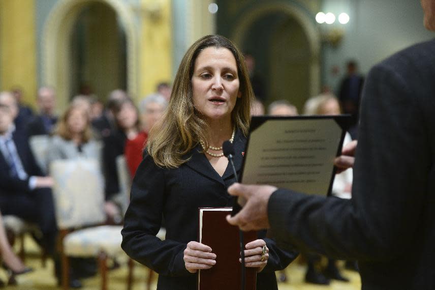 Chrystia Freeland is sworn in as Minister of Foreign Affairs during a ceremony at Rideau Hall in Ottawa on Tuesday, Jan 10, 2017. (Sean Kilpatrick/The Canadian Press via AP)