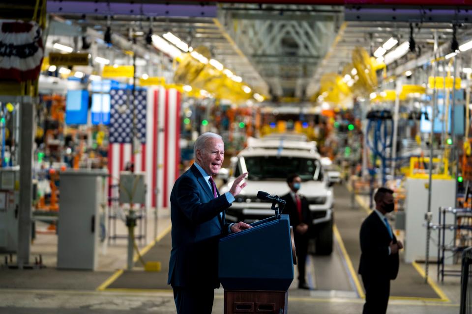 President Joe Biden speaks at General Motors electric vehicle assembly plant in Detroit in 2021. The Biden administration is planning some of the most stringent auto pollution limits in the world, designed to ensure that all-electric cars make up as much as 67 percent of new passenger vehicles sold in the country by 2032