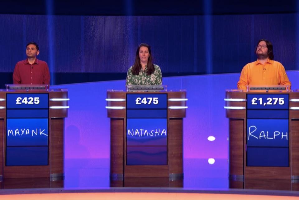 The first three contestants on Jeopardy! UK (ITV / screengrab)