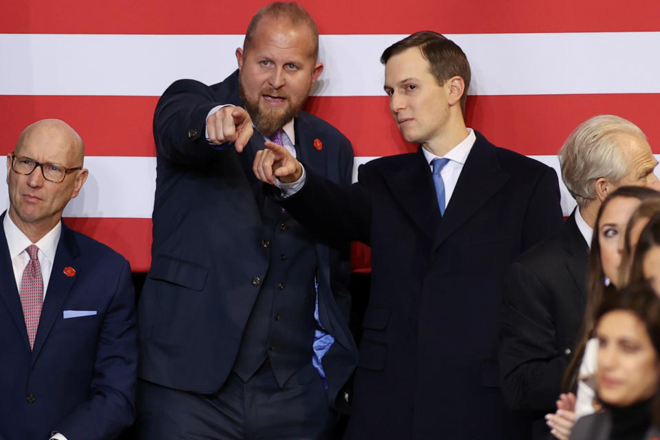 Trump campaign manager Brad Parscale and White House senior advisor Jared Kushner attend U.S. President Donald Trumpâs rally with supporters in Des Moines, Iowa, U.S. January 30, 2020. (Jonathan Ernst/Reuters)