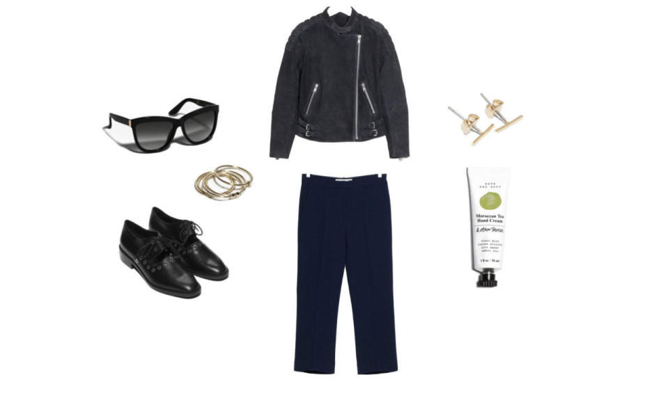 Fitted trousers, a suede biker jacket, and eyelet oxfords provide the perfect mix of edginess and elegance.