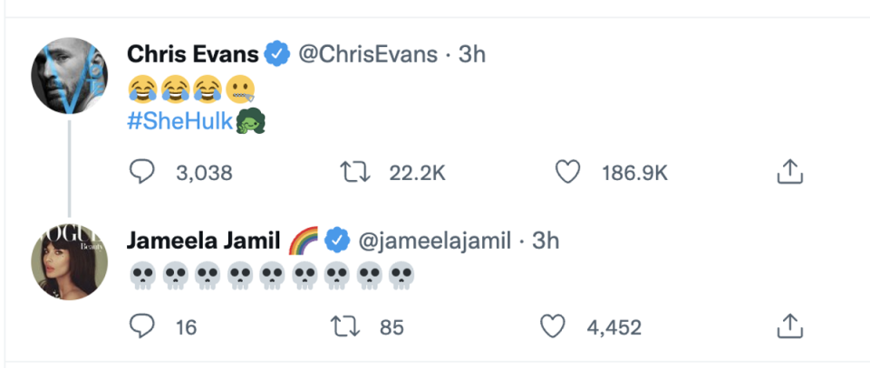 Chris Evans and Jameela Jamil on Twitter (Twitter)