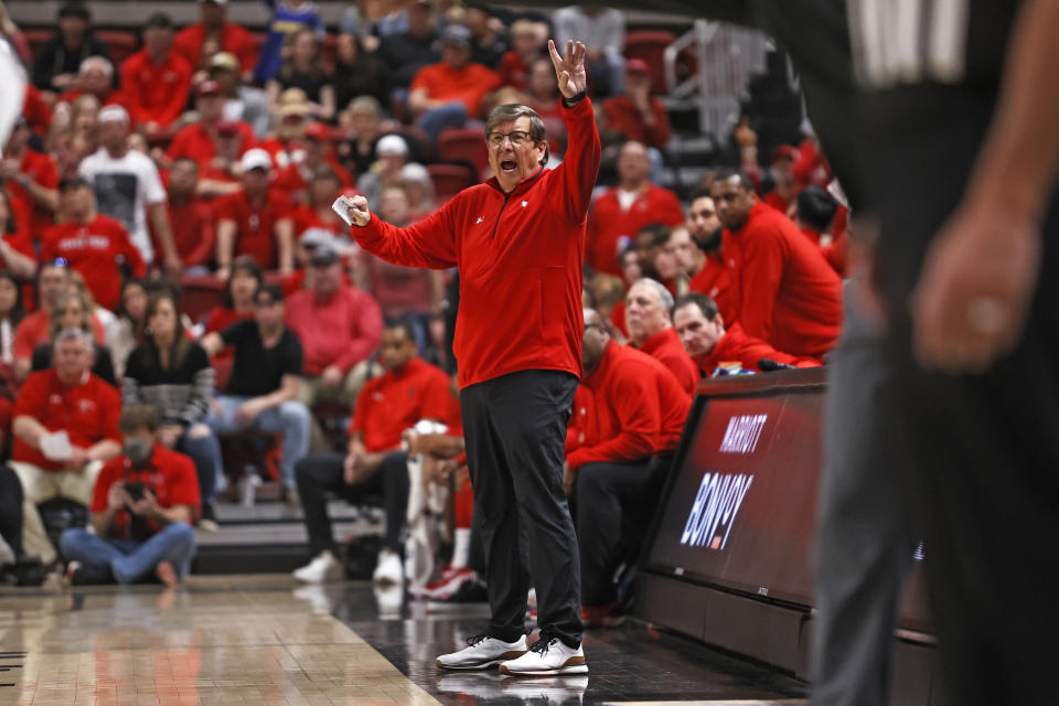 Texas Tech coach Mark Adams yells to players during the second half of the team's NCAA college basketball game against Oklahoma State, Saturday, March 4, 2023, in Lubbock, Texas. (AP Photo/Brad Tollefson)