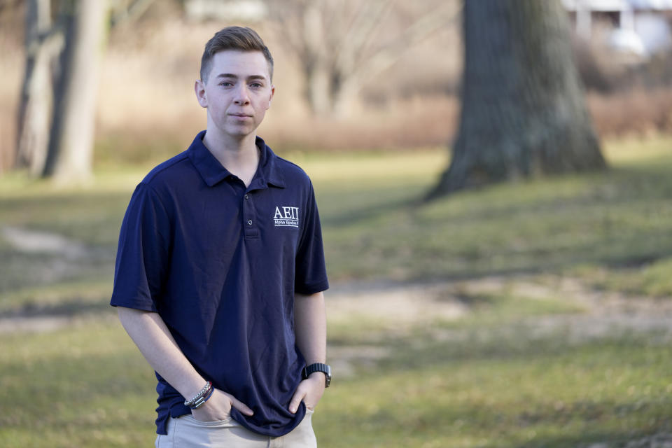 Max Zimmerman poses for a portrait, Friday, Jan. 12, 2024, in Roslyn, N.Y. Zimmerman says he’s a firm supporter of the First Amendment. But in the aftermath of Oct. 7, he says it’s sometimes scary being a Jewish student at Towson University, near Baltimore. (AP Photo/Mary Altaffer)