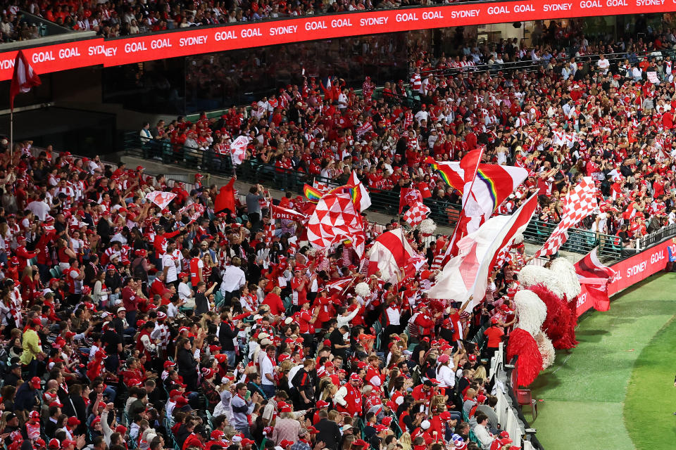 Sydney Swans fans celebrate a goal.