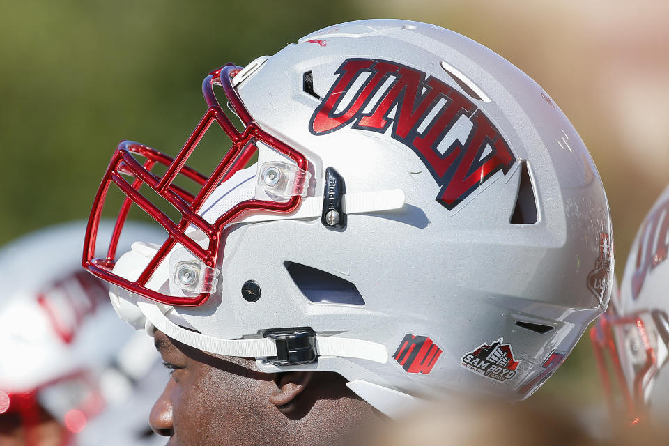 NASHVILLE, TENNESSEE - OCTOBER 12:  A close up of a helmet of the UNLV Rebels during the first half of a game against the Vanderbilt Commodores at Vanderbilt Stadium on October 12, 2019 in Nashville, Tennessee. (Photo by Frederick Breedon/Getty Images)