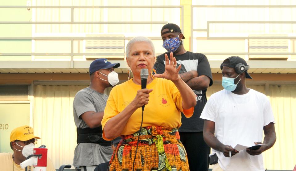 Catherine Lewis with the Memphis Coalition of Concerned Citizens speaks to demonstrators gathered at the National Civil Rights Museum in Memphis, Tenn., for civil disobedience training on Thursday, June 4, 2020. This is the ninth day of action in reaction to the death of George Floyd, an unarmed black man who died after being pinned down by a white Minneapolis police officer on Memorial Day.