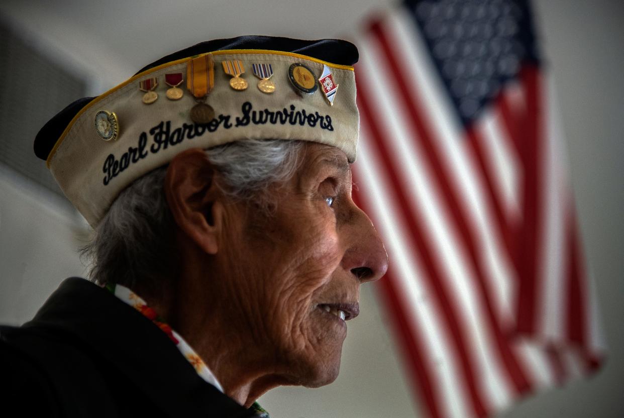 99-year old Robert Louie Fernandez, seen here on Nov. 27, 2023, is one of the last remaining Pearl Harbor survivors in the Stockton area.