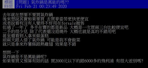 網友表示，因為試用過氣炸鍋，覺得成效不錯，稱是否能說是萬能鍋。（圖／翻攝自批踢踢實業坊）