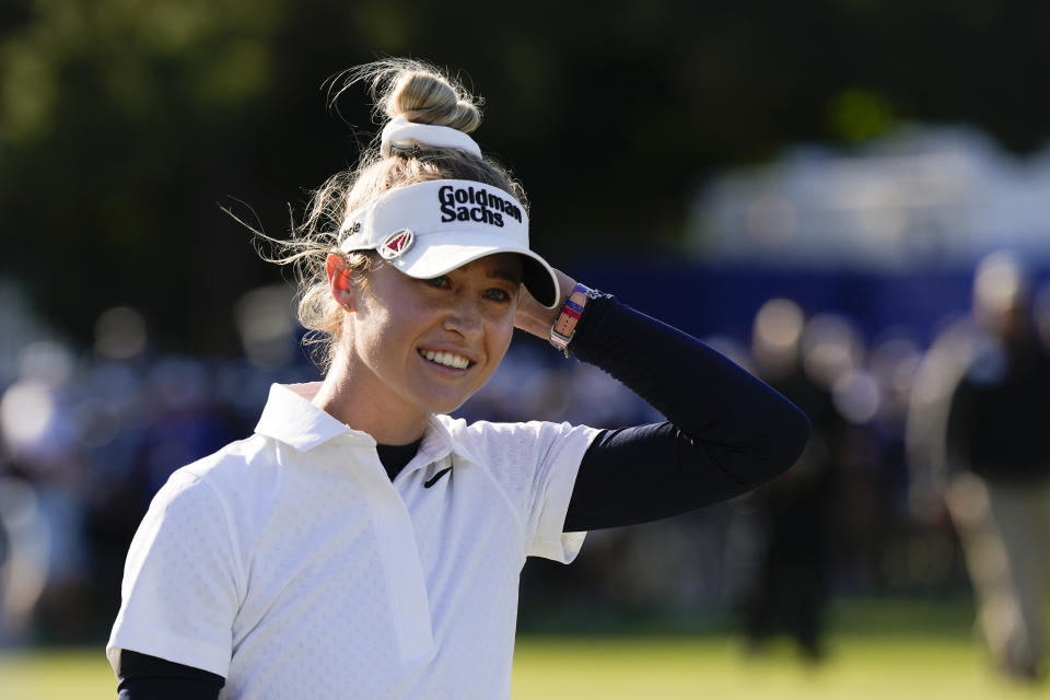 Nelly Korda smiles after winning the Chevron Championship LPGA golf tournament Sunday, April 21, 2024, at The Club at Carlton Woods in The Woodlands, Texas. (AP Photo/David J. Phillip)