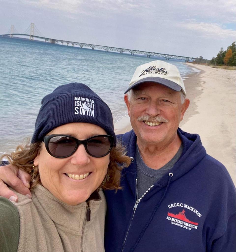 Angie and Dave Morthland, a retired Mackinaw City couple, watched a deer on June 8, 2023, go for a swim in the Straits of Mackinac.