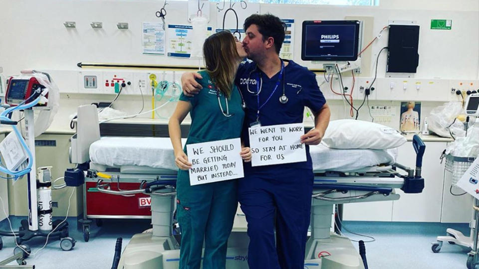 Greta and Max were meant to get married on April 11, however the couple postponed their wedding due to the coronavirus pandemic and went to work instead. Source: Instagram/thegreatmedscape