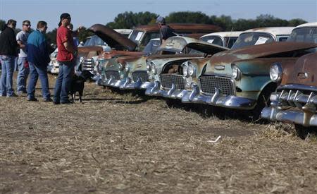 Potential buyers and car enthusiasts check out 1950s era Chevrolet sedans, part of the vintage automobiles from the Lambrecht Collection put up for auction in Pierce, Nebraska, September 28, 2013. REUTERS/Jim Urquhart