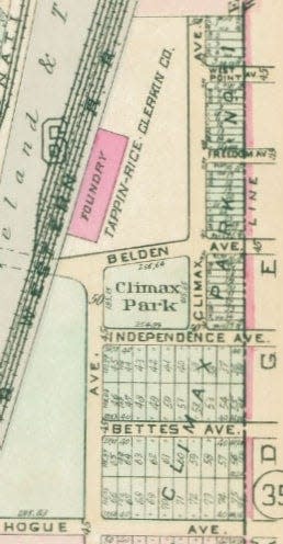 A 1921 Akron plat map shows the Taplin-Rice-Clerkin Co. foundry near Climax Park.