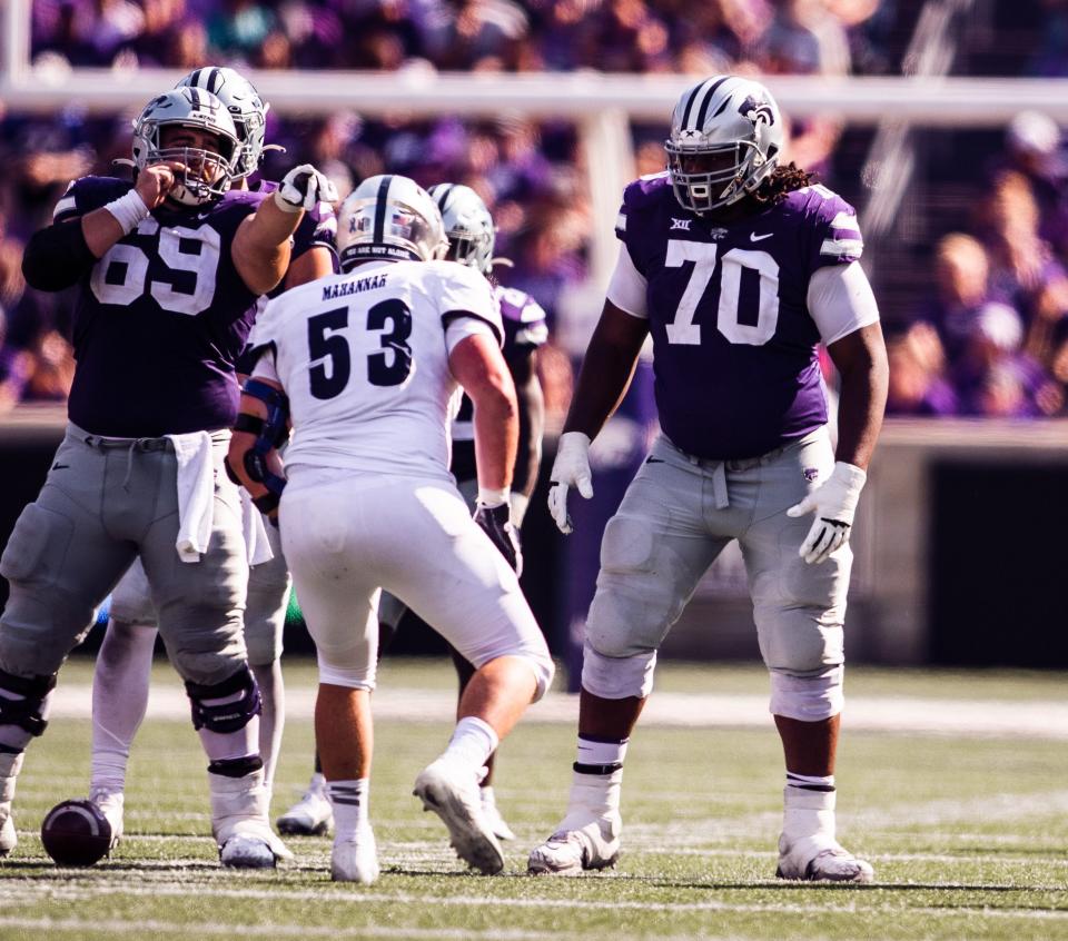 Super-senior left tackle KT Leveston (70) is one of five returning starters on Kansas State's offensive line.