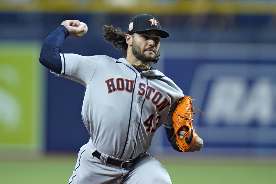 Houston Astros starting pitcher Lance McCullers Jr. delivers to the Tampa Bay Rays during the first inning of a baseball game Wednesday, Sept. 21, 2022, in St. Petersburg, Fla. (AP Photo/Chris O'Meara)