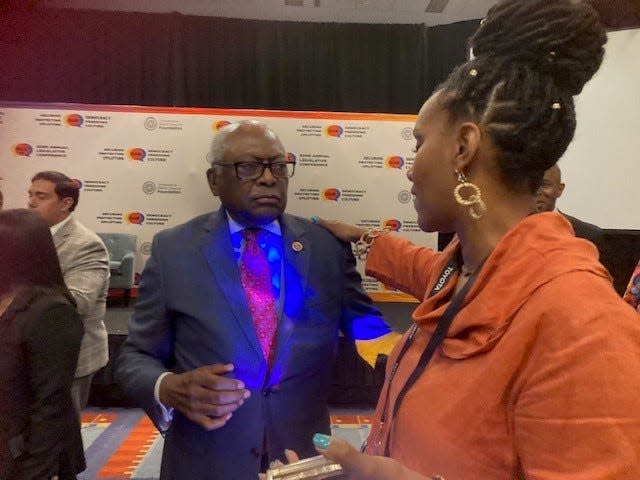 South Carolina Rep. James Clyburn and Tonya Matthews, president of the International African American Museum, chat after a history panel Sept. 20, 2023 at the Congressional Black Caucus Foundation's legislative conference in Washington, D.C.