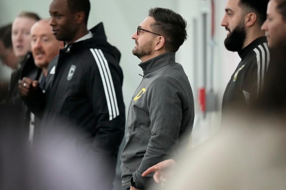 Jan 11, 2023; Columbus, Ohio, USA;  Columbus Crew president and general manager Tim Bezbatchenko watches training at the OhioHealth Performance Center. Mandatory Credit: Adam Cairns-The Columbus Dispatch