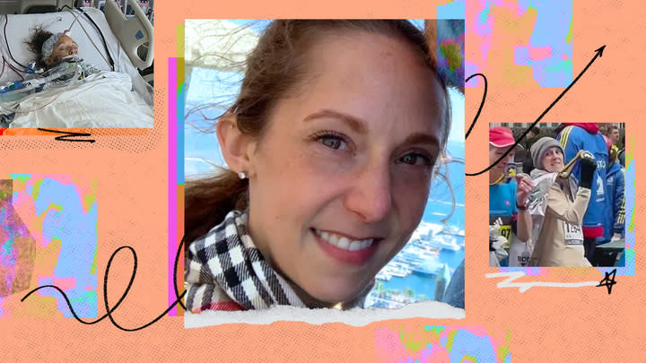 Rachel Foster woke up from a coma after suffering from a brain injury. Her biggest dream was to run the Boston Marathon. Five months later, achieved it. (Illustration by Nathalie Cruz for Yahoo. Photos: Boston 25 News, Rachel Foster Go Fund Me) 