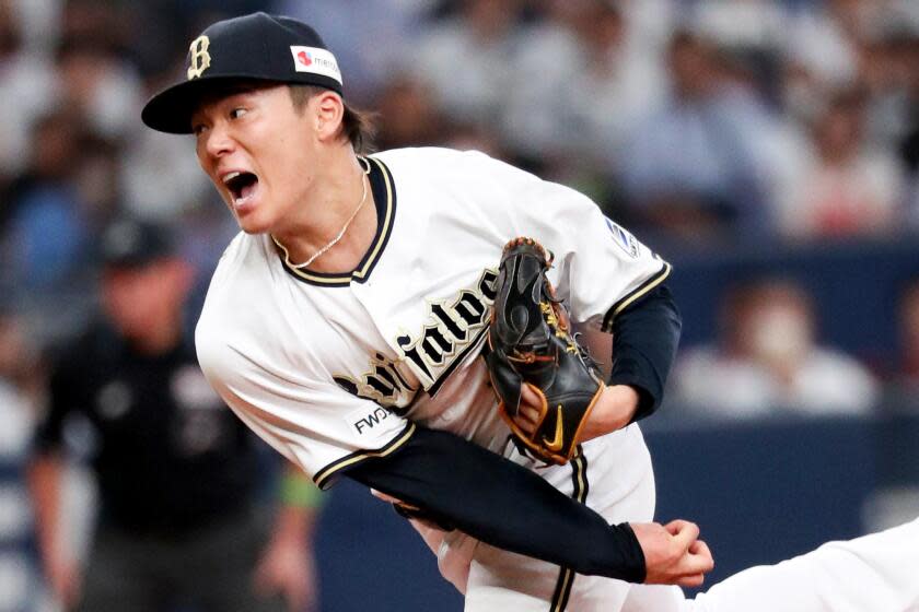 OSAKA, JAPAN - OCTOBER 18: Yoshinobu Yamamoto of the Orix Buffaloes throws during the Pacific League Climax Series Final Game One against Chiba Lotte Marines at Kyocera Dome Osaka on October 18, 2023 in Osaka, Japan. (Photo by Sports Nippon/Getty Images)