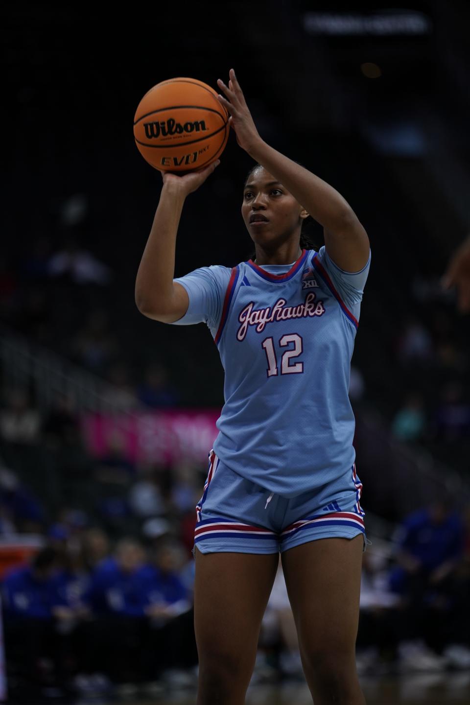 Kansas women's basketball guard S'Mya Nichols takes a shot during a 2024 Big 12 Conference tournament game against Texas in Kansas City.