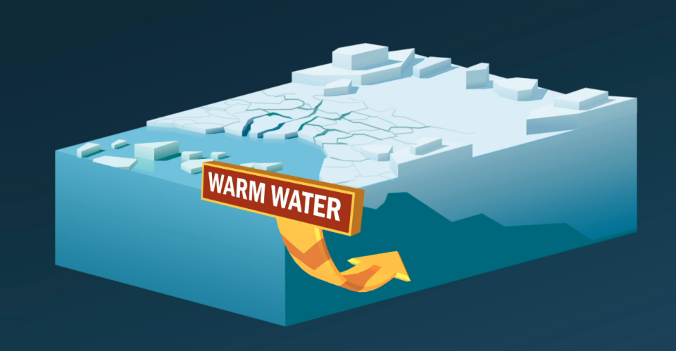 Warm water undercut the ice shelf, breaking up the ice, allowing the ice sheet sheet behind it to become unstable and flow into the sea. / Credit: CBS News