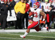 Maryland running back Colby McDonald (23) rushes against Rutgers during the first half of an NCAA football game, Saturday, Nov. 27, 2021, in Piscataway, N.J. (AP Photo/Noah K. Murray)