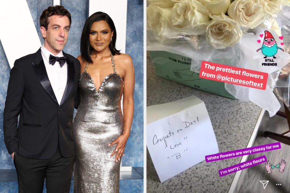 BJ and Mindy at the vanity fair oscar party this year side by side with mindy's story about the flowers she got from BJ