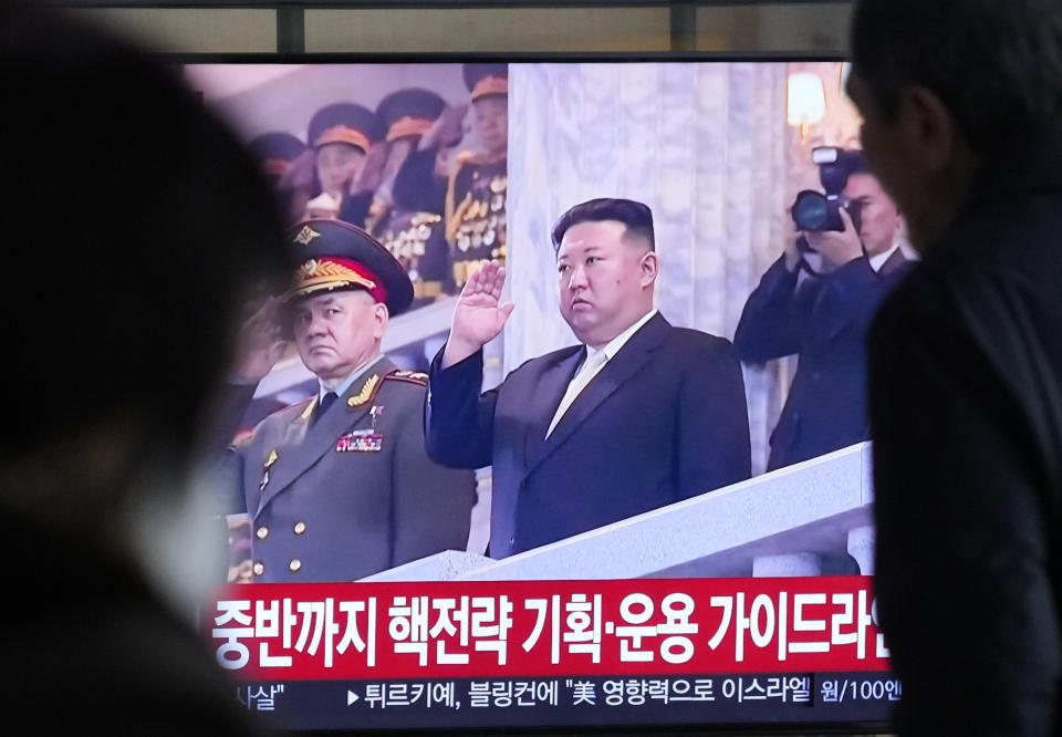 A TV screen shows a file image of North Korean leader Kim Jong Un during a news program at the Seoul Railway Station in Seoul, South Korea, Monday, Dec. 18, 2023. North Korea fired an intercontinental ballistic missile into the sea Monday in a resumption of its high-profile weapons testing activities, its neighbors said, as the North vows strong responses against U.S. and South Korean moves to boost their nuclear deterrence plans. (AP Photo/Ahn Young-joon)