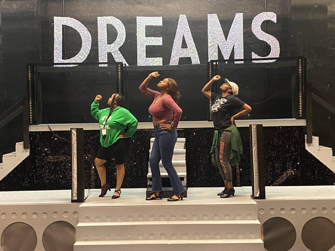 From left to right, Loren Merritt, Alex Vining and Christen Wynn rehearse lines and trio performances for Macon-Bibb’s first ever ‘Dreamgirls’ musical production.