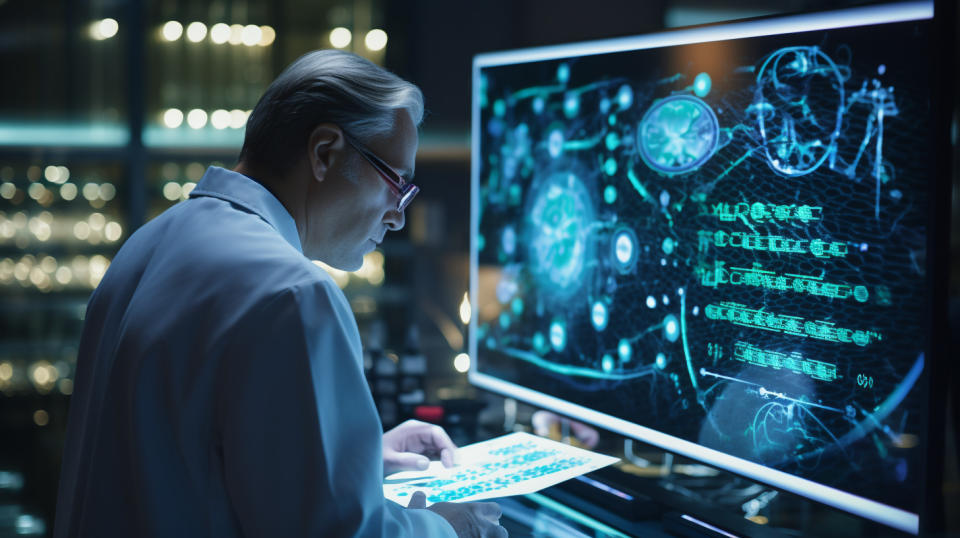 A scientist in a laboratory working on a gene editing tool, to create treatments for rare genetic diseases.