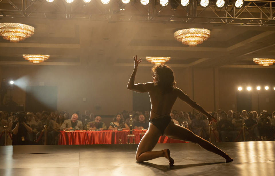 This image released by A24 shows Katy O’Brian in a scene from "Love Lies Bleeding." (Anna Kooris/A24 via AP)