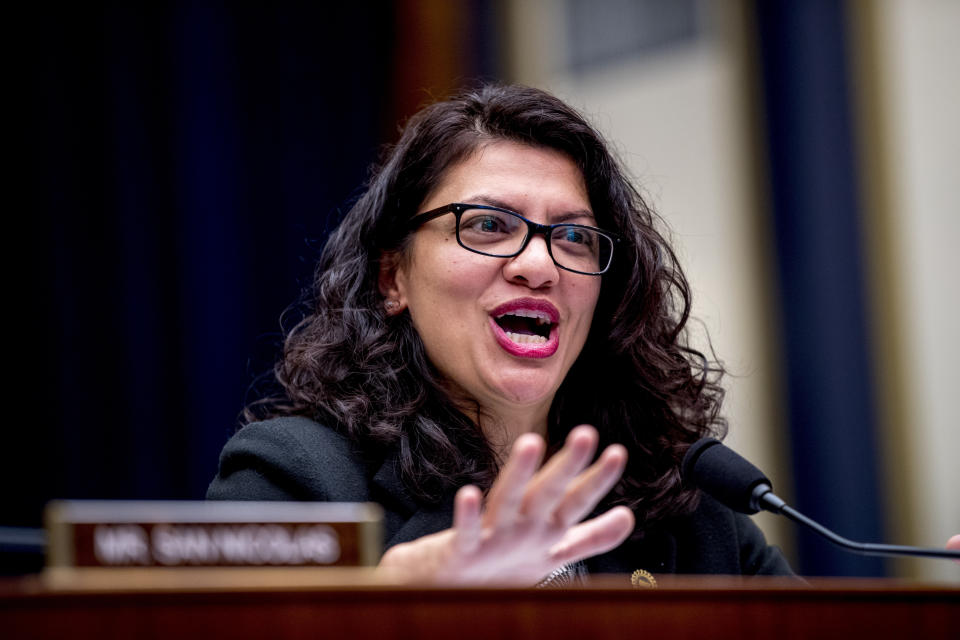 Rep. Rashida Tlaib, D-Mich., questions Facebook CEO Mark Zuckerberg as he testifies before a House Financial Services Committee hearing on Capitol Hill in Washington, Wednesday, Oct. 23, 2019, on Facebook's impact on the financial services and housing sectors. (AP Photo/Andrew Harnik)