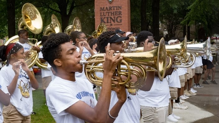 A band plays in front of the Martin Luther King Junior Center before participating in a parade to celebrate Juneteenth on June 19, 2021 in Atlanta, Georgia. New legislation in the state of Georgia now makes Juneteenth a paid holiday for state employees. (Photo: Megan Varner/Getty Images)