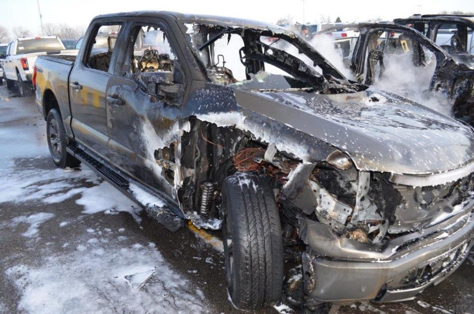 An electric Ford F-150 Lightning caught fire on Feb. 4 because of a battery issue traced back to one of the automaker’s suppliers. The blaze spread to three electric pickups in a Ford holding lot in Dearborn, Mich. (Dearborn Police Dept)