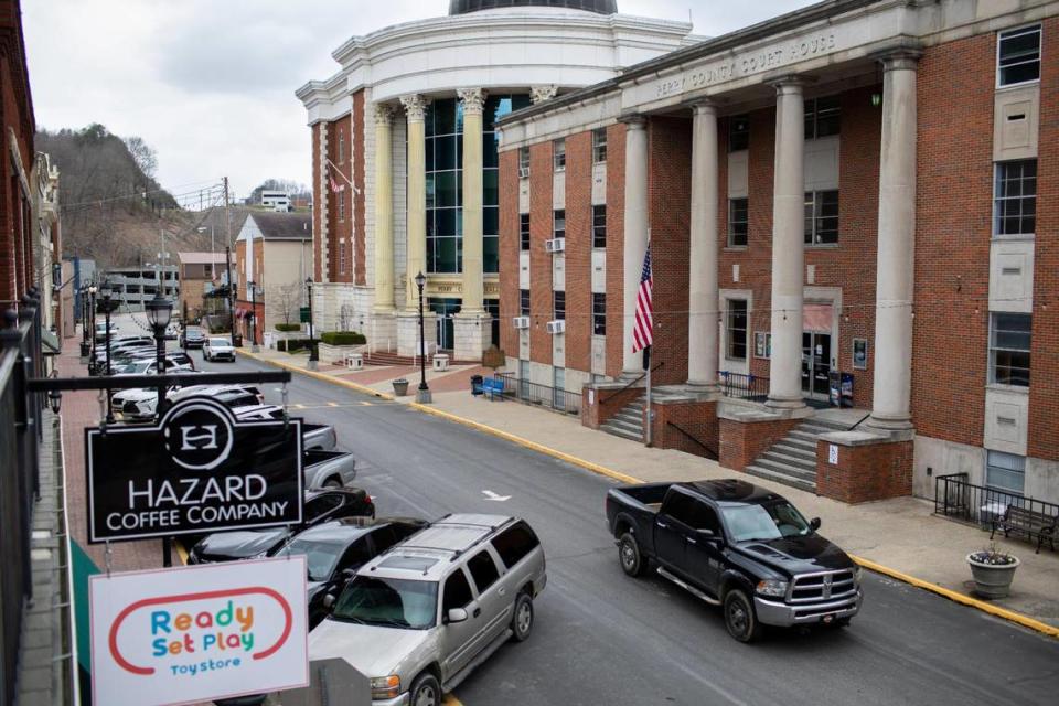 A car drives through downtown Hazard, Ky., Tuesday, March 14, 2023.