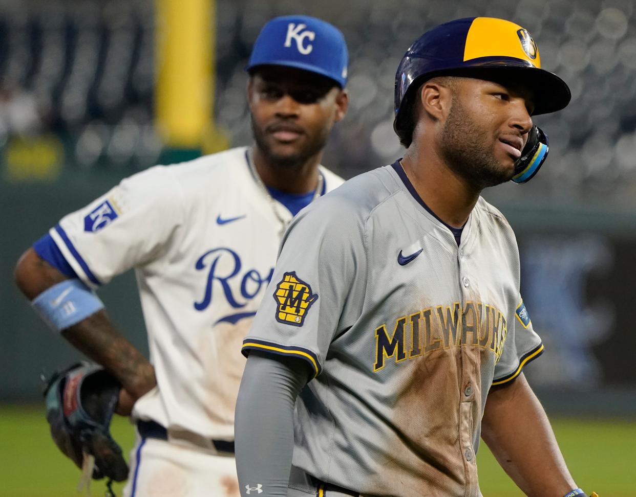 Jackson Chourio walks back to the Brewers dugout after being tagged out by the Royals' Maikel Garcia while trying to steal third in the eighth inning Monday night.